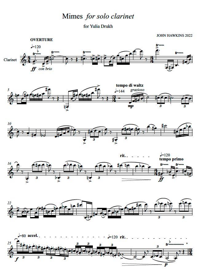 First page of Mimes for solo clarinet by John Hawkins